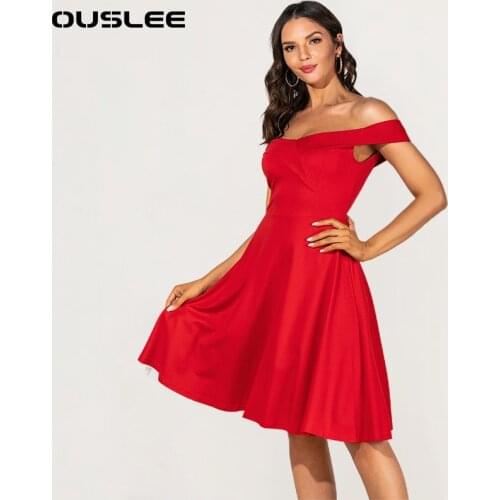 OUSLEE Fashion Casual Solid Dress Women Off The Shoulder Sexy Slim A-line Dresses Female Elegant Party Midi Dress Vestidos Mujer