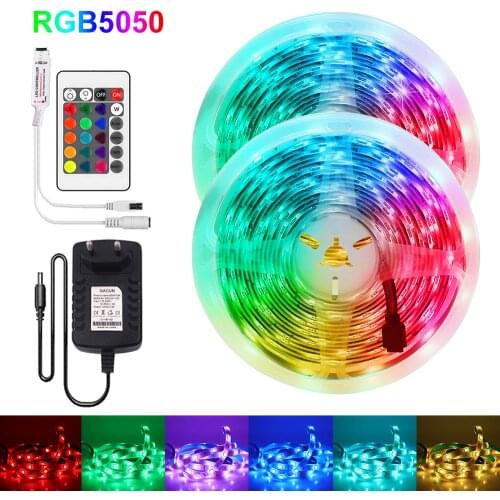 RGB LED Strip Light 5M 10M 15M 20M 5050 SMD Flexible Ribbon Waterproof Tape Diode 12V IR Remote Control Stripe Light EU/US/UK/AU