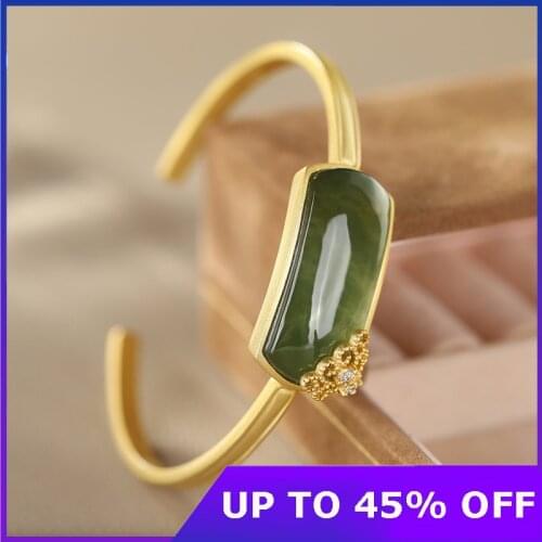 S925 Sterling Silver Gold Plated Green Jade Bangles Fine Jewelry For Women Vintage Antique Natural Stone Bracelet Bangle Gifts