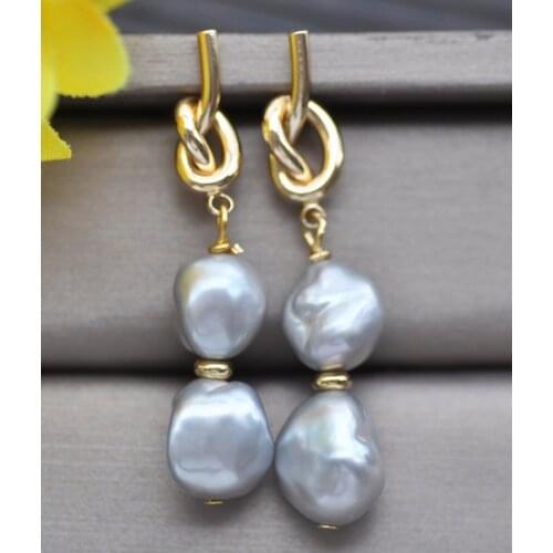 Z10802 2line 12mm Gray Baroque Keshi Pearl Dangle Earring CZ