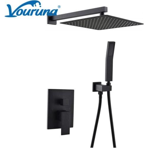 10 inch Square Style Black Bathroom Shower Set In Wall Mounted Bathroom Shower Mixer Faucet Modern Luxury Brass Construction