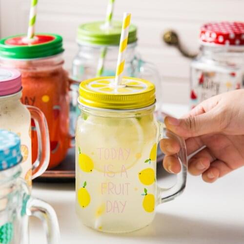 Glass with Lid Creative Fruit Cup Juice Cup with Hole Bottle Straw Cold Drink Glass Drink Milky Tea Cup haikyuu plush fire force