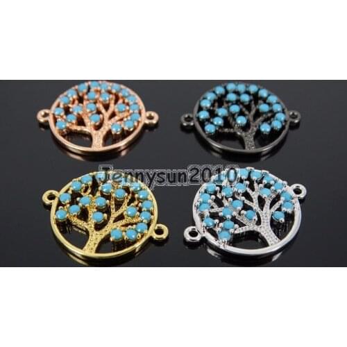 Tur-quoise Zircon Gems Stones Pave Tree Of Life Bracelet Connector Charm Beads Silver Gold Rose Gold Gunmetal 10Pcs/Pack