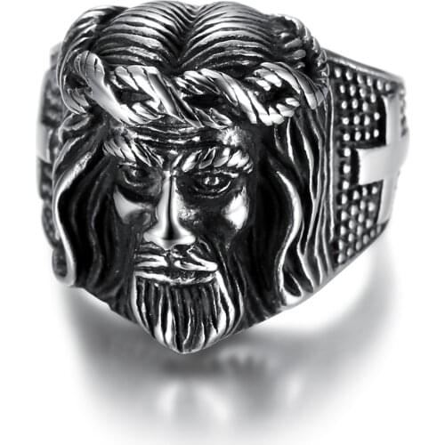 Megin D Vintage Religious Totems Jesus Cross Stainless Steel Rings for Men Women Couple Family Friend Fashion Design Gift Jwelry