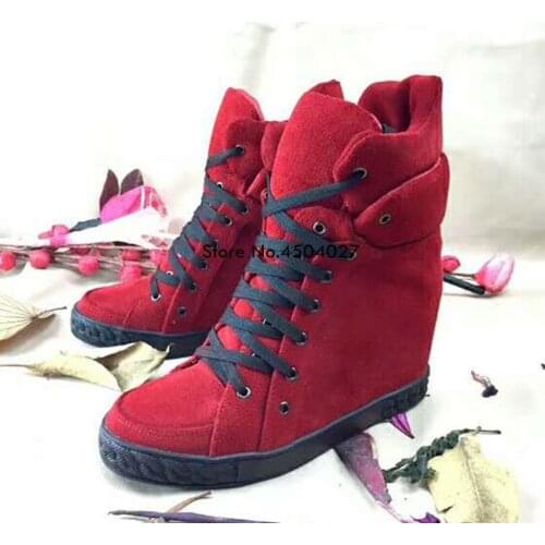 Hot Sales New Red Blue Hidden Wedge Heels Casual Shoes Womens Lace Up Height Increasing Boots For Women