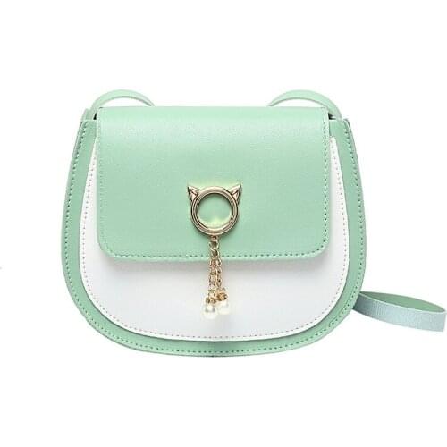 Women Fashion Bags Contrast Color Saddle Bag Cute Cat Pendant Waterproof PU Leather Crossbody Shoulder Bag