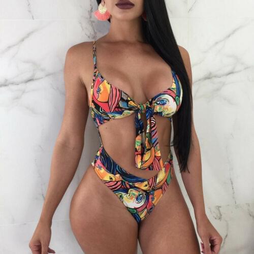 Ladies One Piece Swimsuit Women Triquini Swimwear Swim Beach Wear Print Bandage Cut Out Trikini Monokini Swimming Bathing Suit