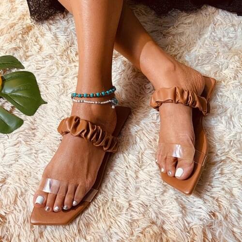 Women Pleated Casual Slippers 2021 Ladies Square Toe Flats Womens Leisure Outdoor Beach Shoes Big Size Female Transparent Slide