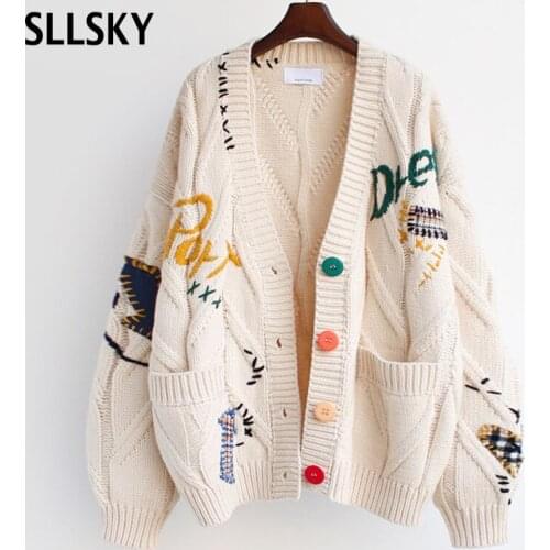 SLLSKY Autumn Winter Embroidery Women Cardigan Warm Knitted Sweater Jacket Pocket Fashion Knit Cardigan Coat Lady Loose Sweater