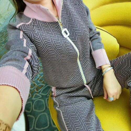 Cardigan knitted Long Sleeve Tracksuits Women Two Piece Set Spring Autumn Fashion Zip Pattern Sweater+Harem Pants Women Clothing