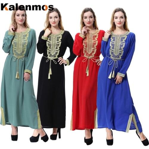 Kalenmos Dubai Muslim Abaya for Women Saudi Long Dress Applique Arab Islamic Ropa Jilbab Kaftan Lace-up Split Party Dresses