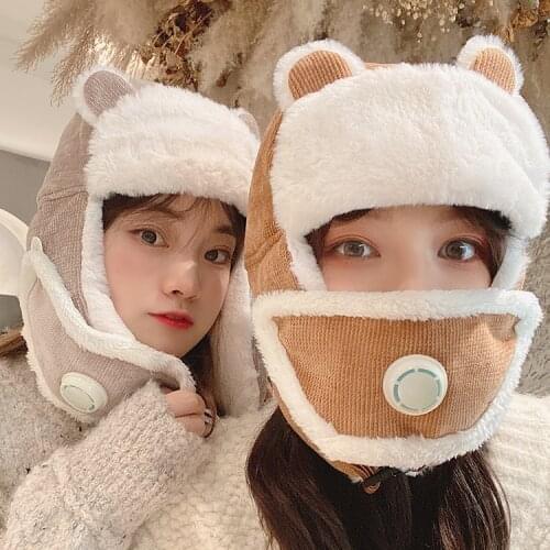 Winter Women Bomber Hat Cashmere Hat Cat Ear Plush Mask Lei Feng Bonnet Cap Breath Valve Outdoor Ski Earmuff Protection Face Cap