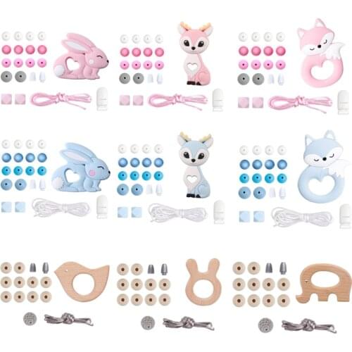 1set Silicone Beads Teether Rodent Food Grade BPA Free Fox Rabbit DIY Accessories Set Pacifier Chain Clips DIY Necklace Baby Toy