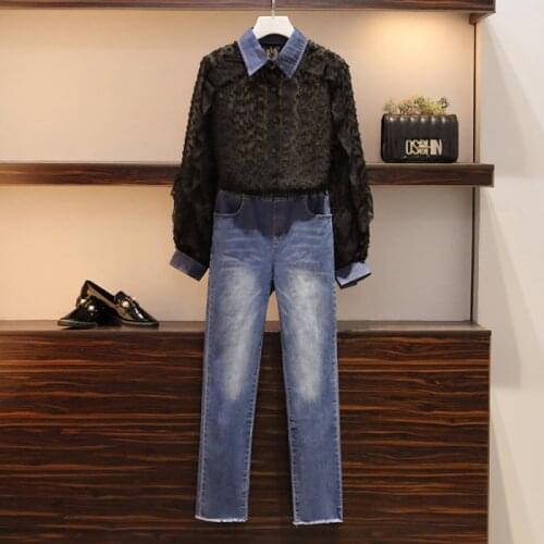 2020 Spring Women 2 Piece Set New Plus Size Tassel Chiffon Patchwork Jean Shirt Tops + Denim Elastic Waist Pants Set