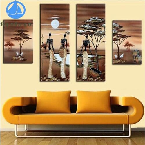 DIY 5D Full Diamond Embroidery African woman Work landscape Full Square Diamond Painting moon Cross Stitch Mosaic 4 pcs Decor