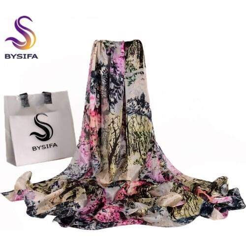 [BYSIFA] New Pink Grey Silk Scarf Shawl Winter Women Long Scarves Wraps Fashion Mountain Forest Design Ultralong Ladies Scarf