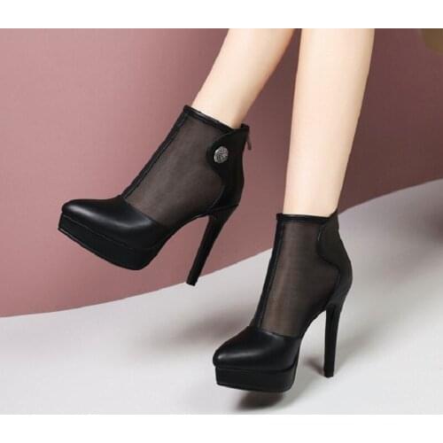 Leather Black Women Ankle Boots High Heels Shoes Punk Platform Heels Sexy Back Zipper Spring Summer Mesh 12CM