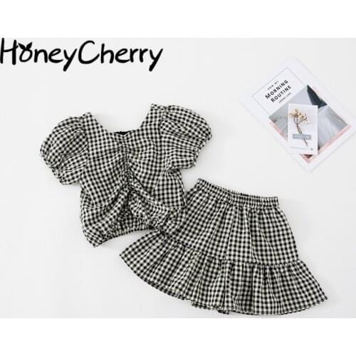 Girls plaid suit summer back bow top culottes set of two cloth baby girl outfit baby girl clothes