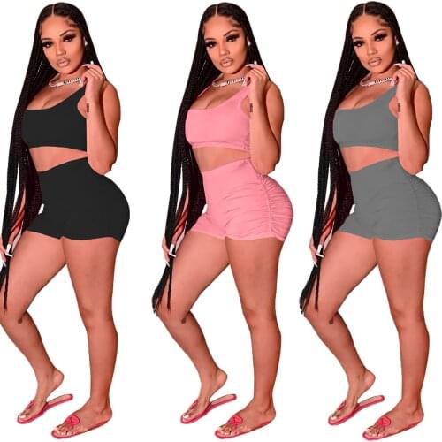Sexy Two Piece Tracksuit Vest Crop Top Biker Shorts Set Club Outfits for Women Clothing Fashion Streetwear Matching Sets