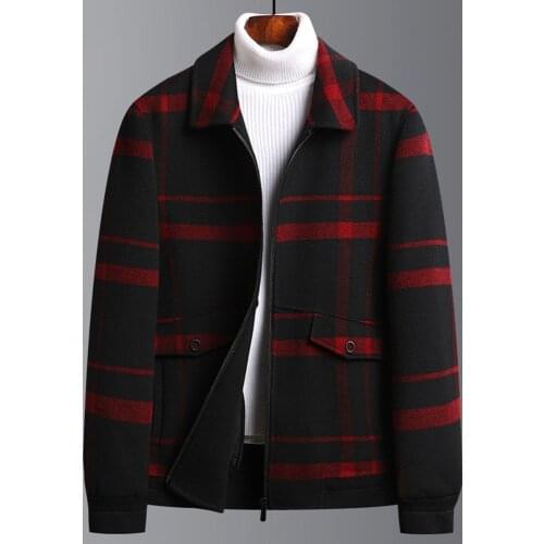Autumn Winter Mens Bomber Jackets Casual Male Outwear Plaid Print Warm Windbreaker Jacket Mens Coats Clothing Streetwear Wool