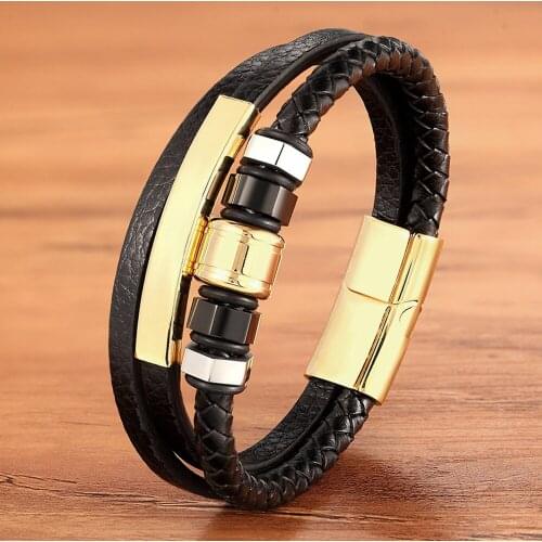 Multilayer Trendy Charm Fashiom Gold Black Leather Bracelet Men Bangles Jewelry Accessories Magnet Rock Punk Hip Hop