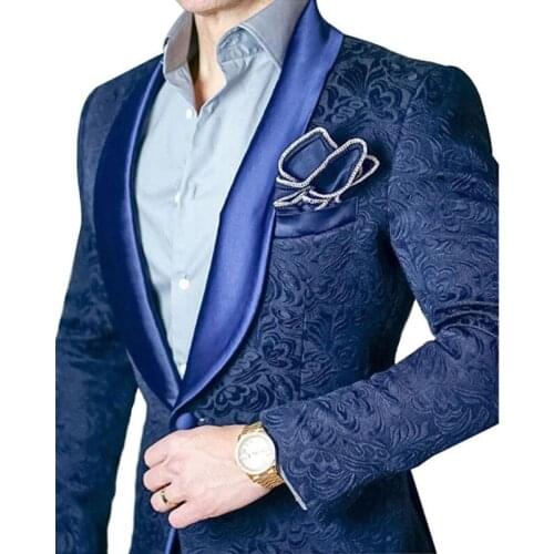 ANNIEBRITNEY Navy Blue Jacquard 2 Piece Men Custom Suit Jacquard Groom Wedding Tuxedo Slim Fit Prom Wedding Shawl Lapel Men Suit