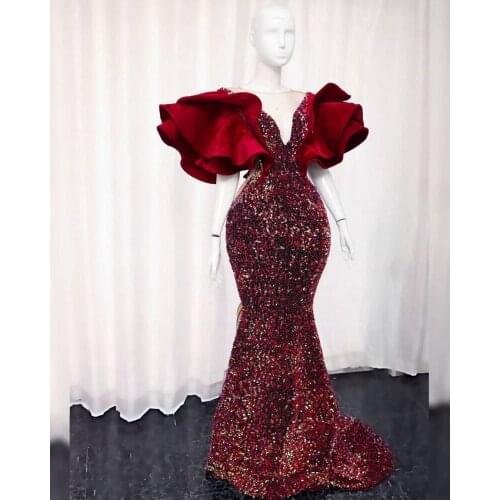 Sexy Sequin Mermaid Evening Dresses Long Cap Sleeves Sheer Neck African Aso Ebi Prom Gowns for Women Party Wear vestidos formais