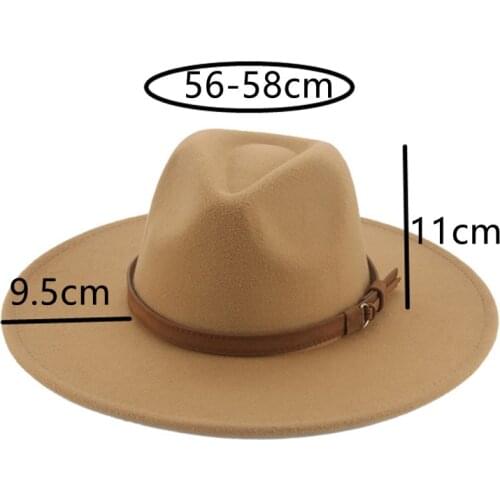 Big brim women hats 9.5cm solid color belt buckle white black fedora men hat winter autumn church wedding formal winter hats new