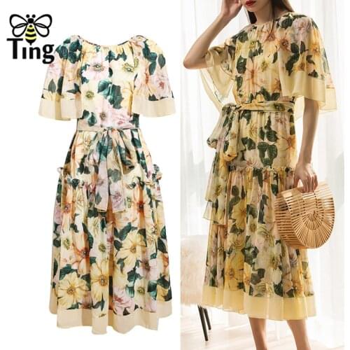 Tingfly Design 2021 Fashion Summer Dress Women Belted Sasanqua Floral Print Holiday Party Midi Elegant Dress Vestidos Plus Size