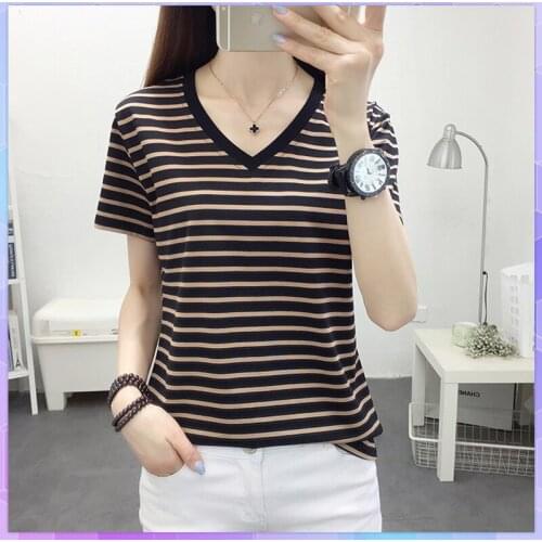 Striped Casual Women T-Shirt Short Sleeve Korean Basic Tshirt Summer Tshirt Femme 2021 Plus Size Womens Top V-neck Tee Shirt