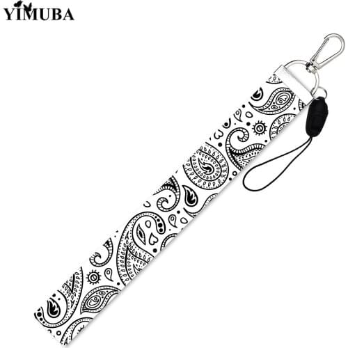 Vintage Bohemia Cashew Flower Lanyards Keychain Elegant Paisley Webbing Key Chain Mobile Phone Wallet Hang Rope Women Bag Charm