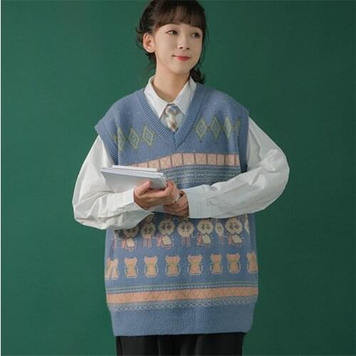 Retro Pattern Loose V Neck Knitted Sweater Vest Autumn Winter Korean Style Sleeveless Vest Sweater Short Fashion Female Pullover