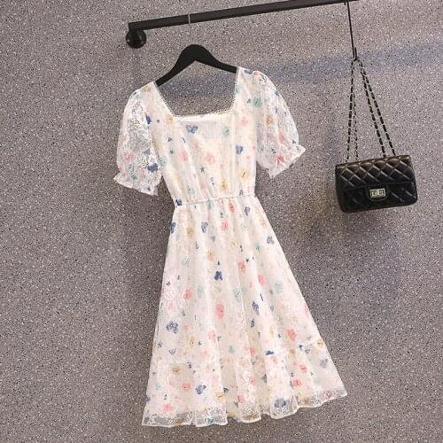 Women Fashion Lace Square Neck Summer Dresses Print Stitching Bohemian Dress Female Slim Dress