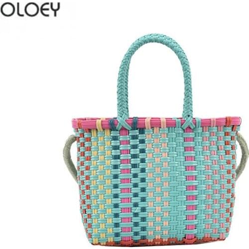 OLOEY Womens Personalized Woven Handbags Vegetable Basket Bags Shoulder Messenger Bags Fashion Grocery Bags Plastic Woven Bags