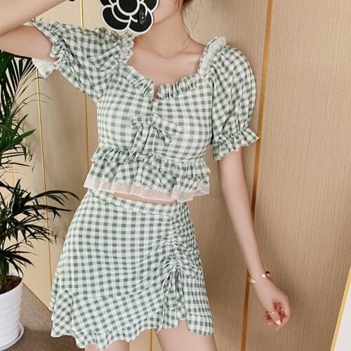 2021 New Korean Style Vintage Plaid Bikini Set Padded Swimsuit Swimwear Beach Bath Suit Two Piece Bathers Swimskirt
