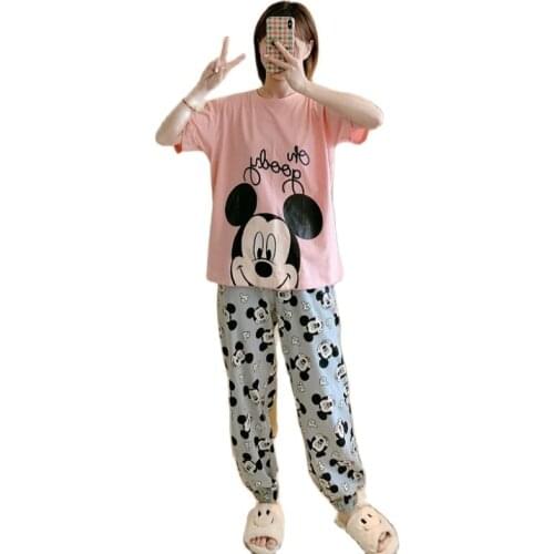 Disney Cartoon Mickey Mouse Cute Kawaii Pajamas Set for Women Summer 2021 Soft Short Sleeve Top Pant Pyjama Sets Pijama Feminino