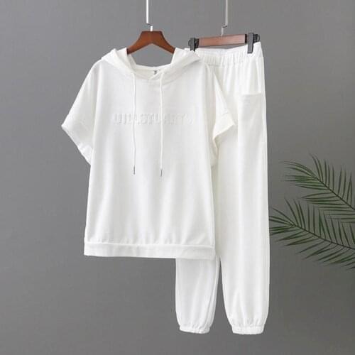 2021 Summer New Women Suit Sports Suit Korean Loose Age-reducing Plus Size Hooded Short Sleeve T-shirt Leisure Pants 2 Piece Set