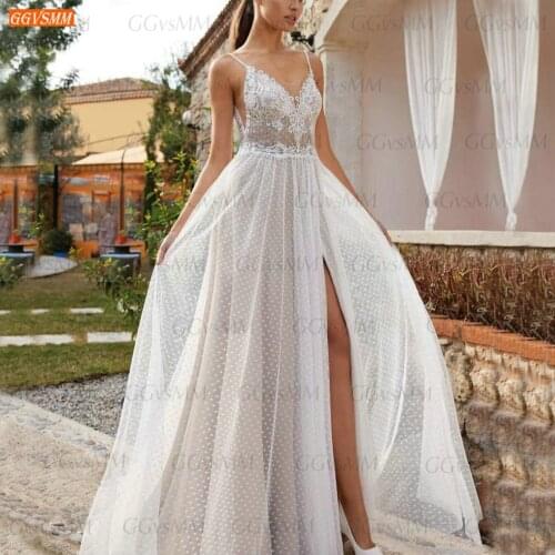Bohemian Wedding Gowns White 2021 Bridal Dresses Custom Made vestido de noiva A Line Tulle Side split trouwjurk Spaghetti Straps