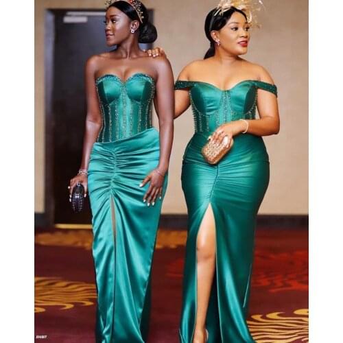 Elegant Greeen Sweetheart Crystals Prom Dresses Strapless Beaded Long Slit Women Plus Size Evening Gowns 2021فساتين السهرة