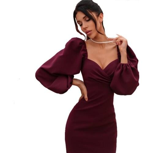Women Vinatge Sexy Solid Long Puff Sleeve Ruffled Neck High Waist Female Lady Clothing Elegant Summer Tunic Slim Bodycon Dresses