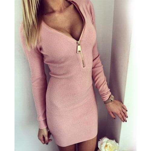 Vestidos 2018 Autumn Women Dresses Zipper V-Neck Sexy Knitted Dress Long Sleeve Bodycon Sheath Pack Hip Dress Sexy Ladies Dress