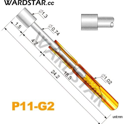 100pcs P11-G2 Dia 1.3mm Spring Test Probes Pogo Pin Length 24.2mm (Stroke Spring Froce:120g)