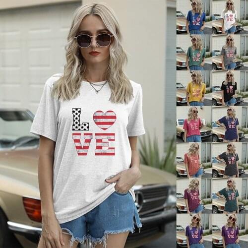 2021 New Arrival Flag LOVE Printed T-shirt Loose Casual Tee Tops Round Collar Pullover Summer Shirts for Women S-3XL 14 Colors