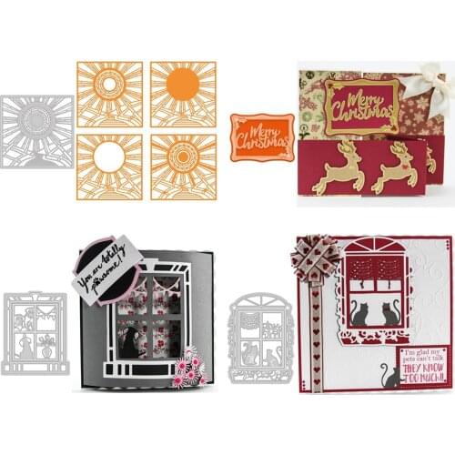 4 Pieces Good Frame Sun Merry Christmas Word Elegant Checkered Window Cat Dog Metal Cutting Dies For DIY Scrapbooking Album Card