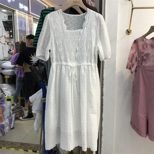 Lamtrip Hollow out White embroidery kawaii Japanese style Dress Summer V-neck Drawstring Loose Beach Dress