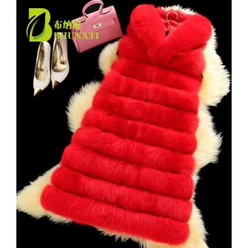 BHUNATI Women Winter Long Faux Fur Vest Casual Sleeveless Solid Color Stripe Fox Fur Jacket Fashion Hooded Artificial Vests