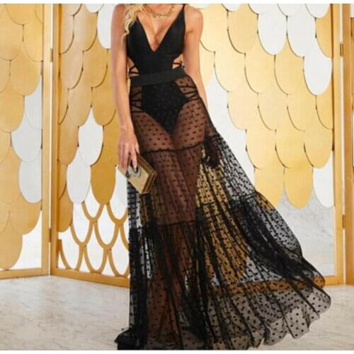 Boho Beach Dress Womens Bikini 2020 Cover Up Skirt Dress Chiffon Sarong Swimwear Dot Mesh Lace See Through Wrap Skirt Holiday