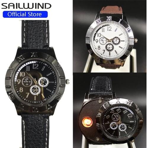 SAILWIND Sport Watch Men USB Rechargeable Flameless Lighter Military Mens Quartz Wrist Watch Lighter Electronic Clock Hodinky