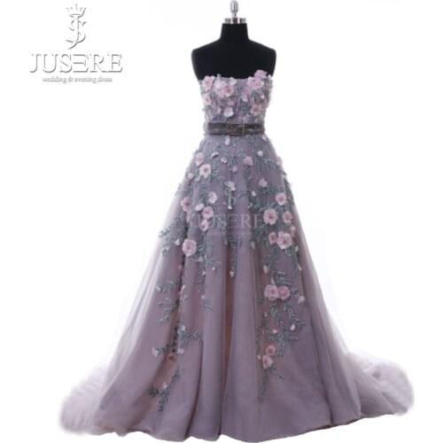 Jusere Off Shoulder Hand Made 3D flower Embroidery Beading Leaf Tulle Fresh Look Lady Party Belt Gown A line Evening Dress 2018