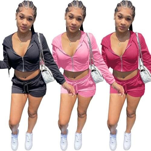 DN8628 Wholesale Items Summer Clothes 2021 Hooded Zipper Full Sleeve Crop Tops Biker Shorts Two Piece Set Outfits
